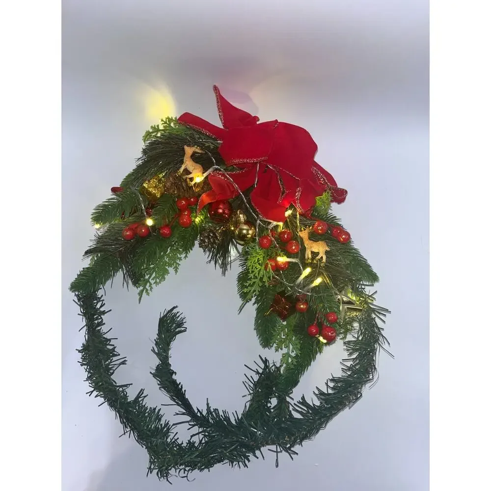 Lighted Mantel Christmas Fake Pine Tree Swag Pinecones Berries Ornaments Deer